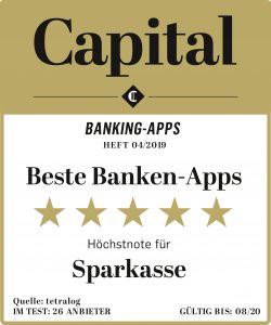 Das Wirtschaftsmagazin „CAPITAL“ zeichnete die Sparkassen-App mit der Höchstnote aus. Insgesamt testete das Magazin 26 Apps aus den drei Kategorien.