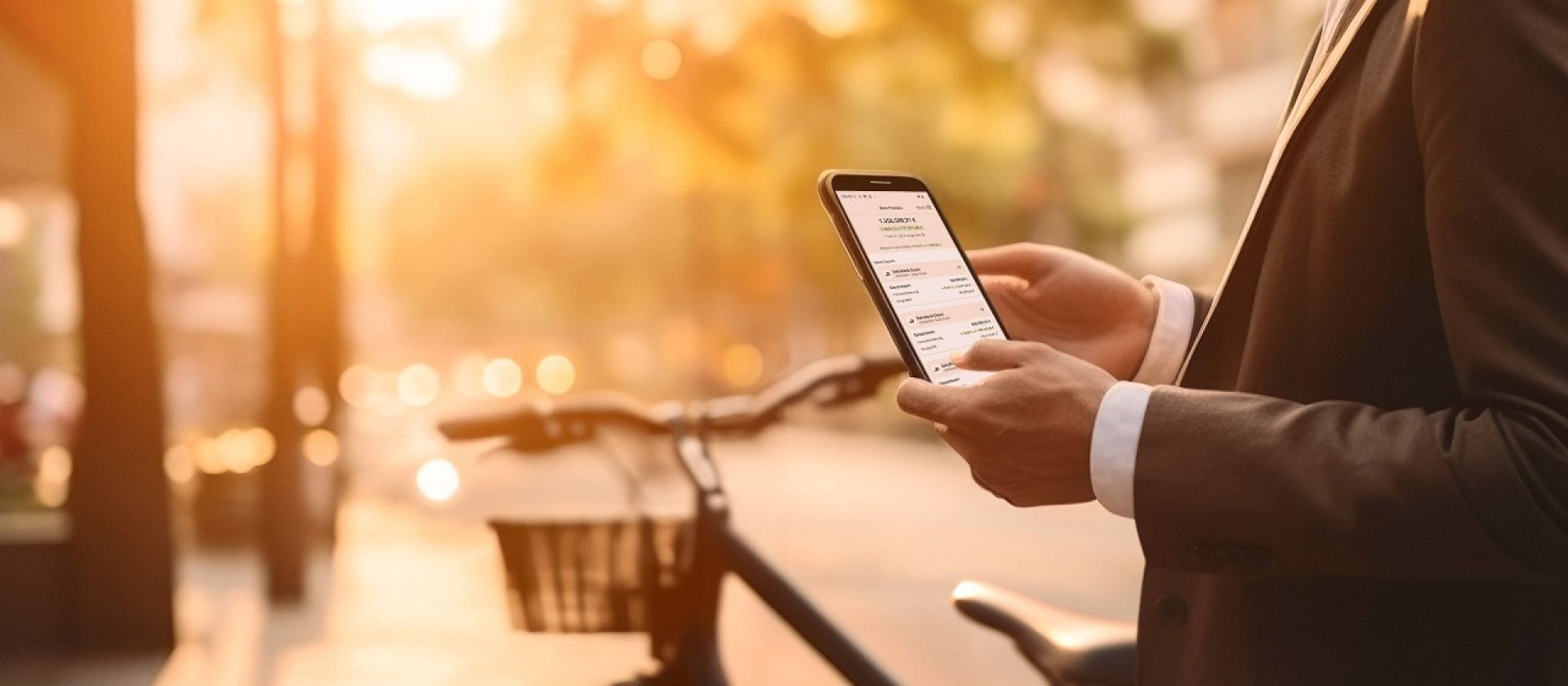 Mann steht neben einem Fahrrad mit Smartphone in der Hand.