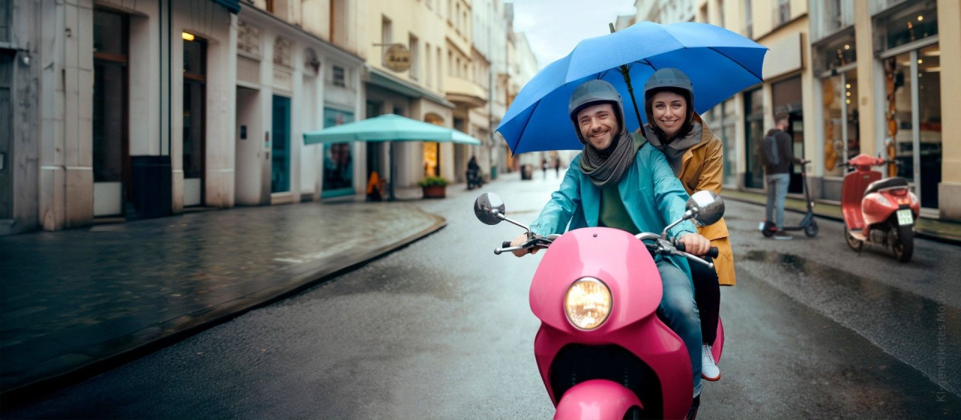 Mann und Frau auf einem Motorroller in der Stadt bei Regen und einem Regenschirm.