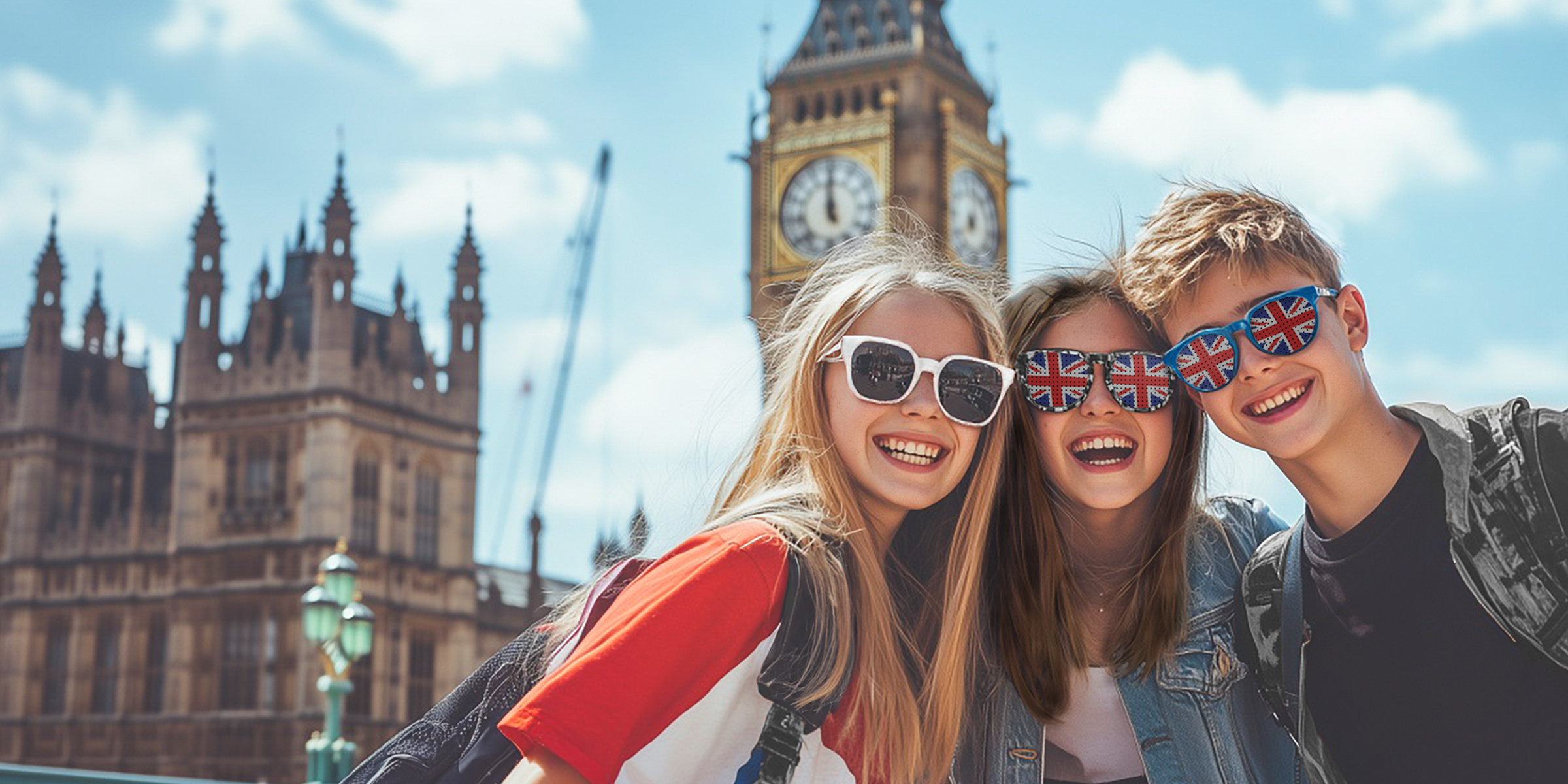 Drei Jugendliche auf Sprachreise in London vor Big Ben mit Sonnenbrillen.