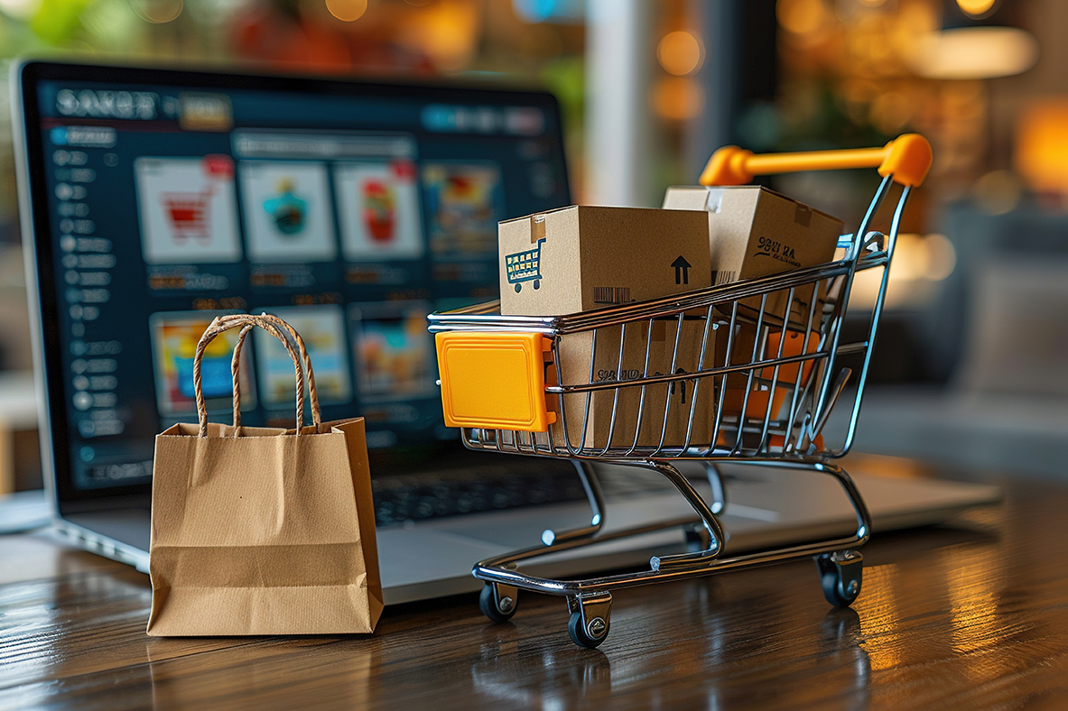 Online einkaufen gehört für viele zum Alltag. Aber Achtung: Hinter professionell aussehenden Shops können sich unseriöse Anbieter verstecken. Laptop mit einem geöffneten Online-Shop und davor eine Einkaufstasche und Einkaufswagen mit Paketen.
