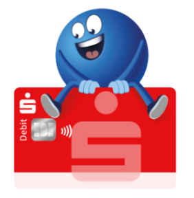 Auf dem Bild sitzt der blaue Payback-Ball auf der roten Sparkassen-Card.