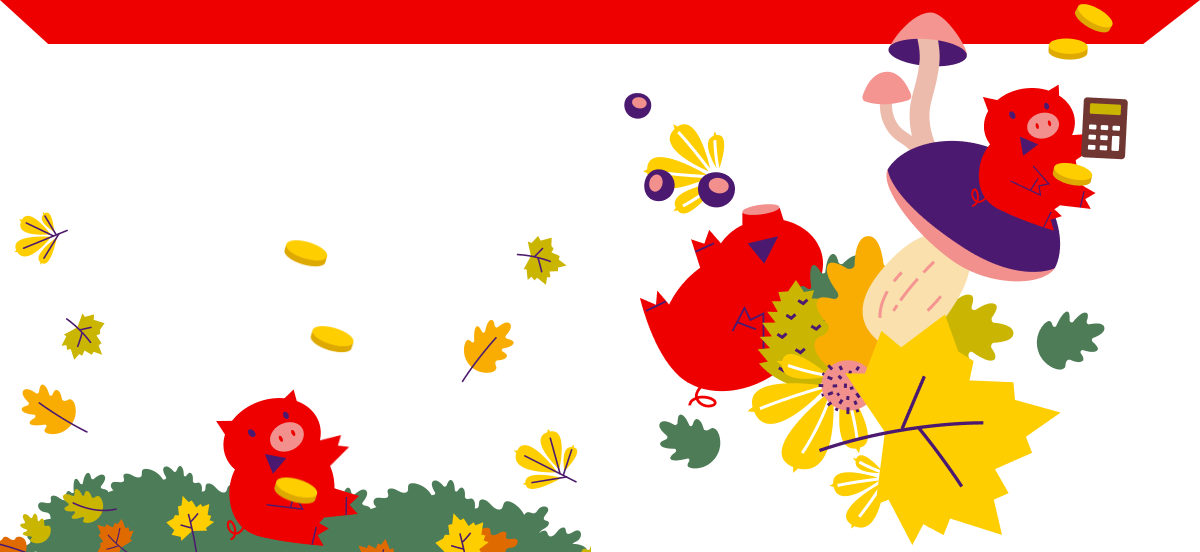 Am 30. Oktober ist Weltspartag. Seit jeher eine schöne Gelegenheit, sich bewusst mit dem Thema Sparen zu beschäftigen. Motiv zum Weltspartag mit gezeichneten Schweinen und bunten Blättern.