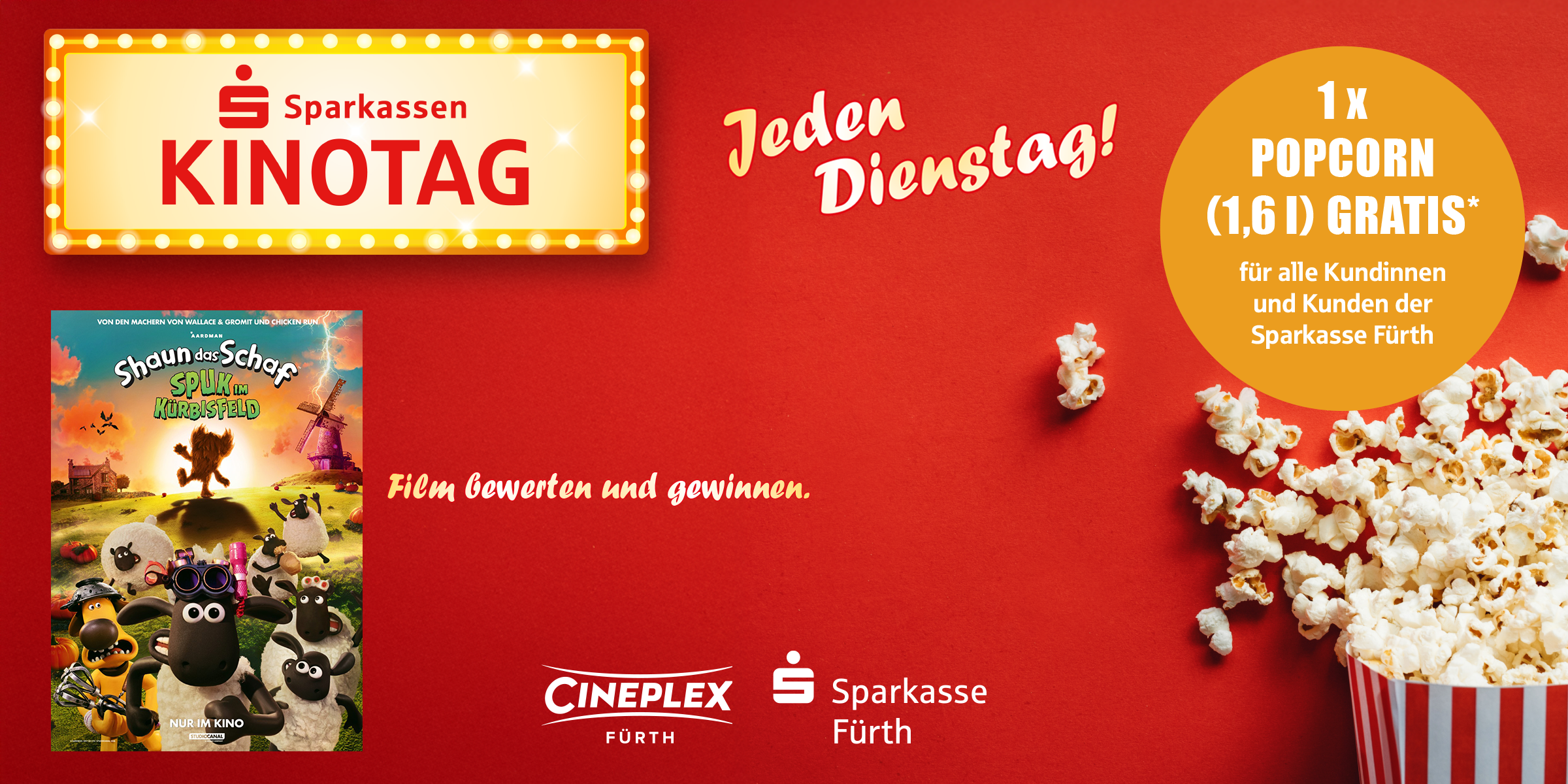 Dienstags heißt es: Film ab zum Sparkassen-Kinotag! Im Anschluss unseren Filmtipp bewerten und gewinnen - viel Glück. Shaun das Schaf - Spuk im Kürbisfeld